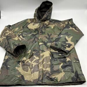 Vintage Men's Waterproof PVC Camo Hunting Rain Jacket Size L Hooded Insulated